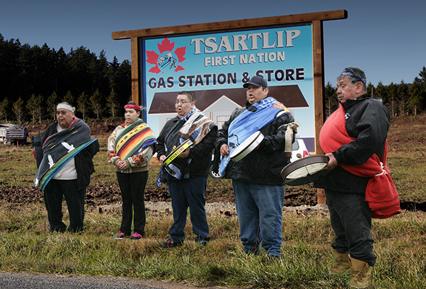 Tsartlip Groundbreaking ceremony. Drummers, l. to r., Si Smith, Sr., Roxanne Modest, William Pierre, Jr., Rob Morris, and Fraser Smith.